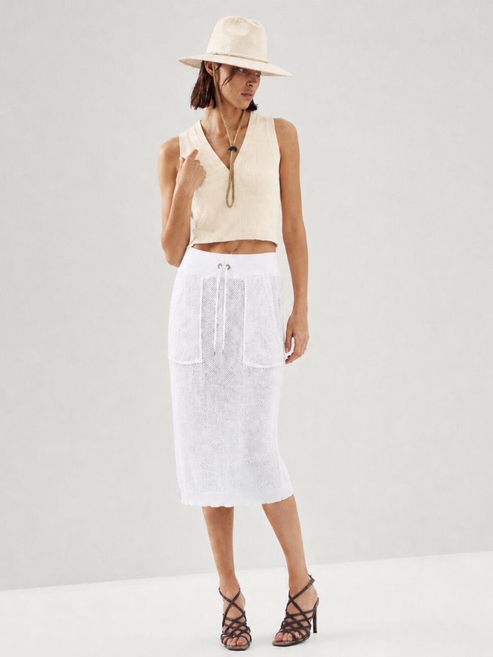 Brunello Cucinelli White Skirt Open Knit Cotton Drawstring Size Small New Tags